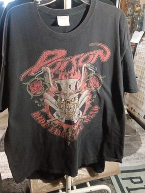 Poison Black Graphic Band Tee — Red & Cream Skull Design Ride Like The Wind